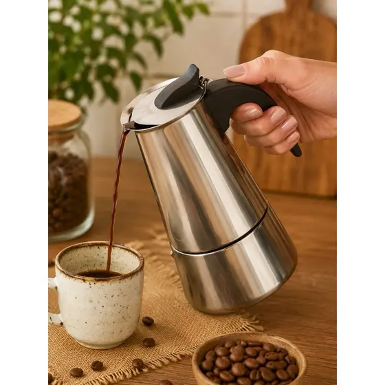 Cafeteira Italiana Inox 6 ou 9 Xícaras Moka Aço Inoxidável Café Expresso Manual Tradicional para Fogão