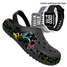 kit Babuche chinelo adulto Masculino Desenhos Personagens + Relógio digital: (cores sortidas)