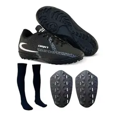 Kit Chuteira Society com Meião e Caneleira para Grama Sintetica Sola Costurada com  Reforço