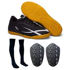 Kit Chuteira Futsal Indoor Meião e Caneleira Sola de Borracha Costurada  e resistente profissional