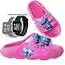 Kit Chinelo Pala Slide Nuvem Infantil Max Px Menina Desenhos confortável + Relógio cores sortidas