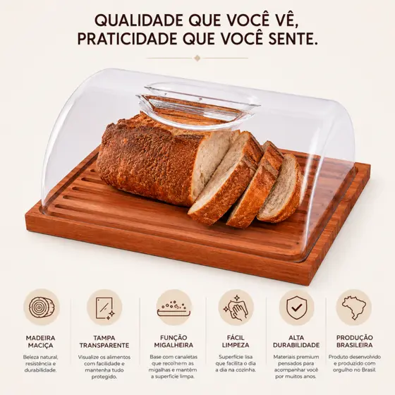 Porta Pão Migalheira Tampa Transparente Acrílico Madeira Essence
