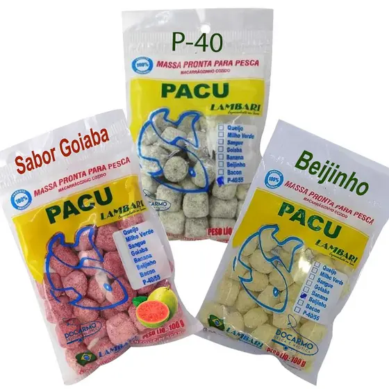 Isca Massa de Pesca Pronta Macarrãozinho Cozido Sabores Goiaba Beijinho P-40 Kit 3 Pacotes