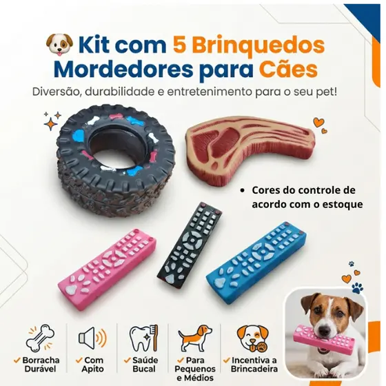 Kit 5 Brinquedos para Cachorro Mordedor Interativo Resistente com Apito Pet para Cães