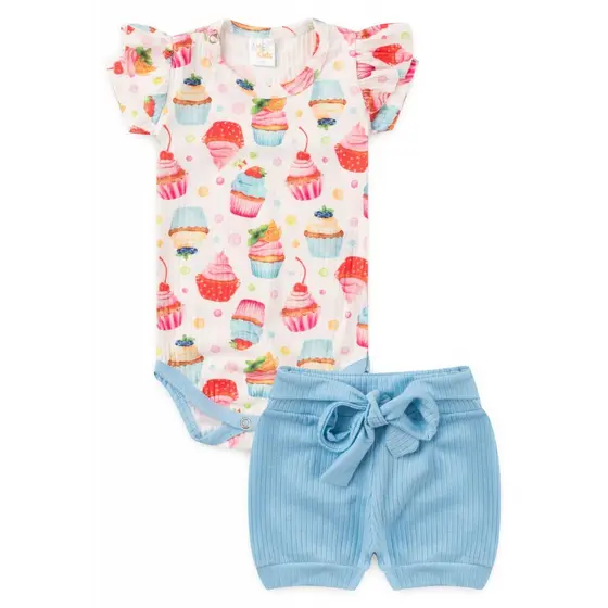 Conjunto Infantil Verão Feminino Body e Short com Laço Cupcake