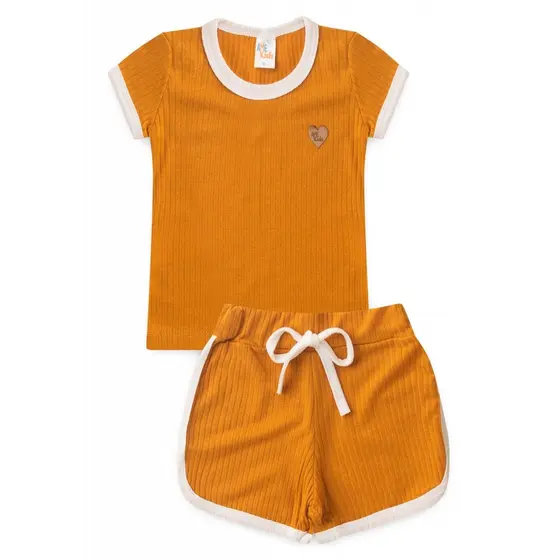 Conjunto Infantil Verão Feminino Blusa Manga Curta Shorts Canelado