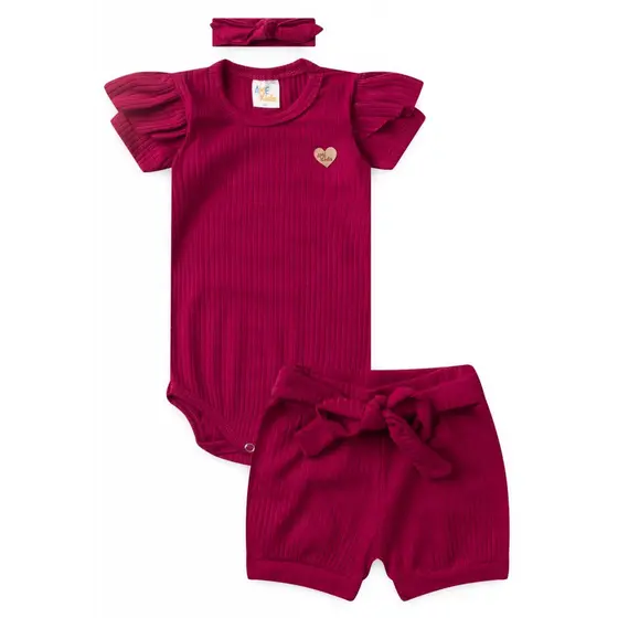 Conjunto Infantil Verão Feminino Body e Short com Laço Bordô