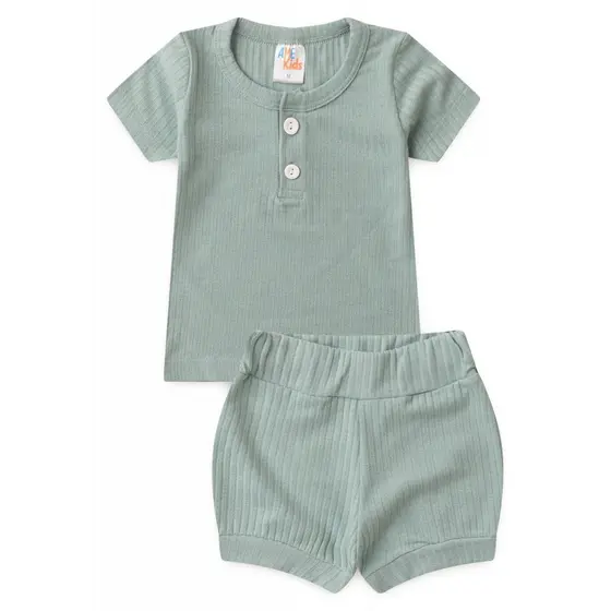Conjunto Infantil Feminino Camiseta com Botões  e Short em Malha Canelada