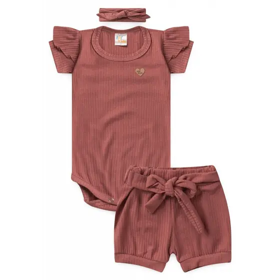 Conjunto Infantil Verão Feminino Body e Short Rosê com Laço