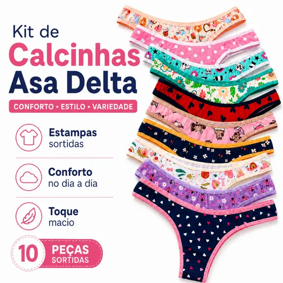 Kit Calcinhas Tanga Asa Delta em Algodão com Forro e Detalhe com Estampas Variadas