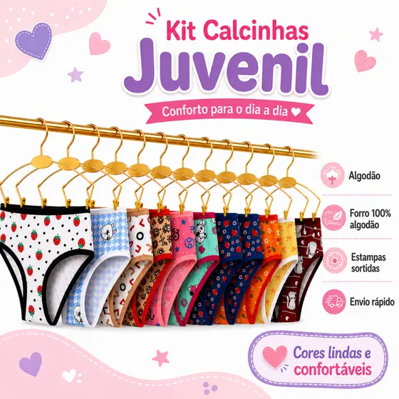 Kit Calcinha Juvenil Infantil Algodão Calcinhas para Meninas com Forro de 100% Algodão