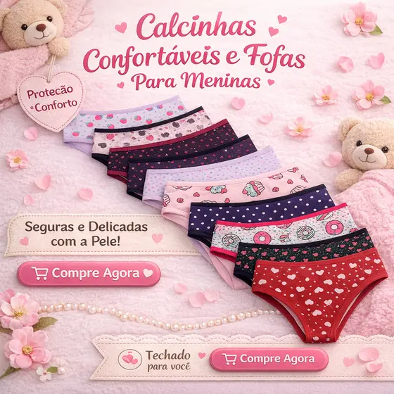 Kit Calcinhas Infantojuvenil em Algodão com Forro 100% Algodão Menina Moça
