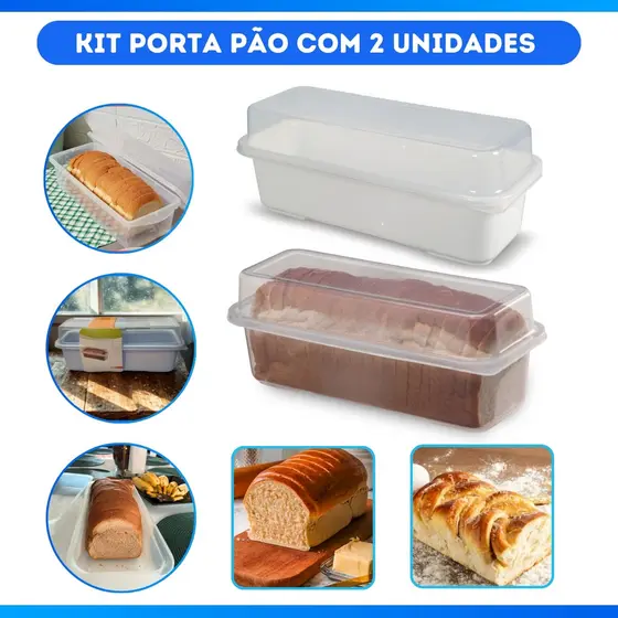 Kit 2 Porta Pão de Forma Retangular com Tampa 33x15x15  Recipiente  Para  Pães
