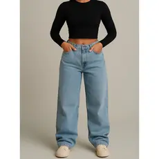 Calça Feminina Jeans Wideleg Pantalona corte reto Baggy streetwear cor estonada