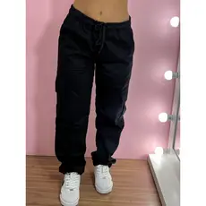 Calça Cargo Sarja feminina Larga Com 5 Bolso Streetwear Costura Reforçada Cordão Ajuste Promoção