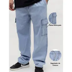 Calça Masculina Cargo Jeans Claro Cos Elástico Cordão Skatista streetwear corte reto balão