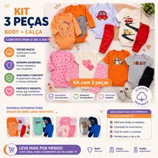 Kit 3 Peças Body Bebê Estampado Manga Longa Manga Curta e Mijão Menino Menina