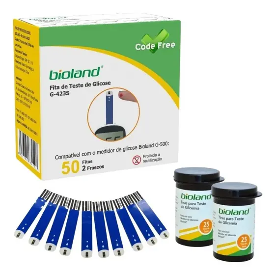 Kit 50 Fitas Teste Glicose Bioland G-423S Tiras Reagentes para Glicosímetro Alta Precisão