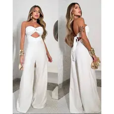 Macacão Longo Feminino Tomara Que Caia Estiloso Pantalona Com Bojo E amarração Nas Costas Elegante