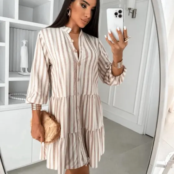 Bata Feminina Linho Vestidinho Casual Com Botões  na frente Tecido Linho Premium