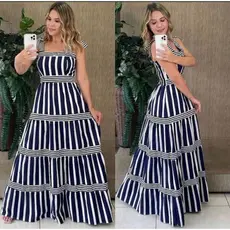 Vestido Longo Tricoline Com Alça  Listrado