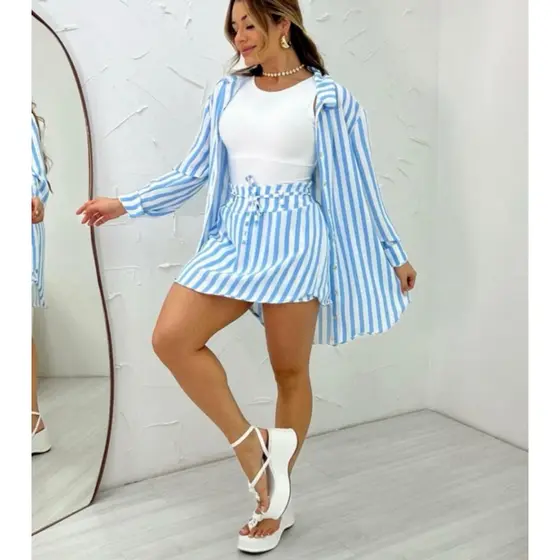 Conjunto Camisa Chemise e short Saia Feminino Listrado Moda feminina Verão