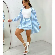 Conjunto Camisa Chemise e short Saia Feminino Listrado Moda feminina Verão