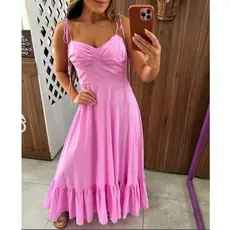 Vestido Thalia Longo Feminino Com Alça Fina De Amarrar Com Bojo Forrado  Modelo Verão