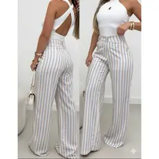 Calça Listrada Pantalona Feminina Estilosa e Elegante Com Bolso Frontal