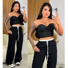 Calça feminina Bicolor de perna larga com cintura ajustável por cordão modelagem flare para looks estilosos