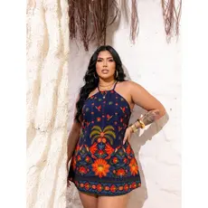 Macaquinho Vestido Plus Size Short Saia Estampado  Rodado Soltinho Tendencia Verão Primavera Frente Unica