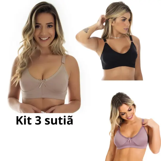 Kit 3 Sutiã Sustentação Reforçado Sem Bojo Alça Larga - Sutia Normal