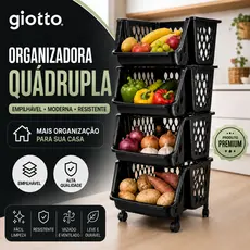 Organizadora Quádruplo Fruteira Com Rodinhas Empílhavel Preto Vazado cesto Armazenamento Giotto