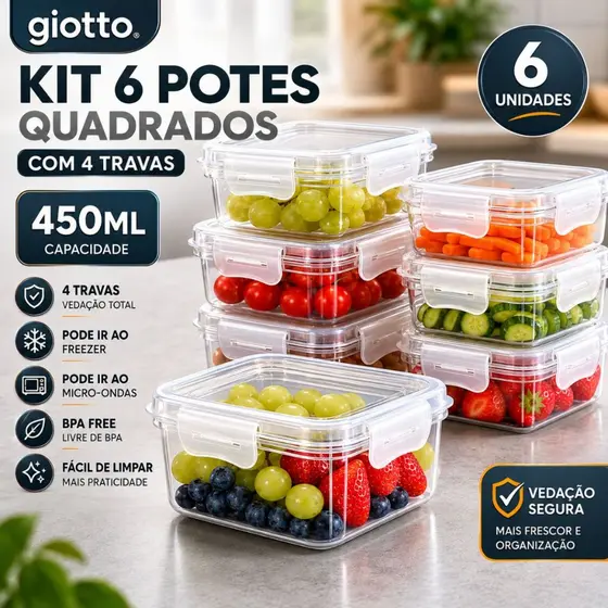 Kit 6 Potes Quadrado 4 Travas 450ML Transparente armazenamento alimentos Freezer Microondas giotto