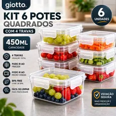 Kit 6 Potes Quadrado 4 Travas 450ML Transparente armazenamento alimentos Freezer Microondas giotto