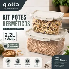Kit 2 Potes Tampa e Trava 2,2L e 900ML Off White armazenamento mantimentos alimento cozinha giotto