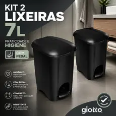 Kit 2 Lixeira com Pedal 7L Preto Prática Higiênica Moderna Preto tampa Resistente Banheiro cozinha