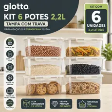 Kit 6 Potes Com Tampa e Trava 2,2L Alto Off White Freezer E Microondas Marmitas Fitness Giotto