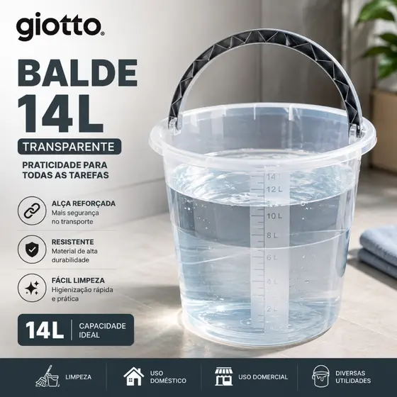 Balde 14L Transparente com Alça Cinza e Medidor Multiuso Cozinha Lavanderia Limpeza Giotto