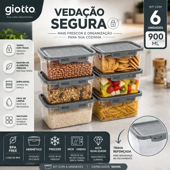 Kit 6 Potes com Tampa e Trava 900ml Cinza Giotto Hermético Porta Mantimentos Armazenamento Giotto
