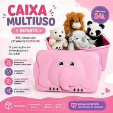 Caixa Multiuso Infantil 34L P/ Criança Rosa Com Estampa de Elefante Organizador Armazenar Brinquedo
