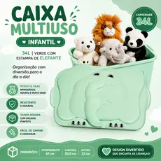 Caixa Multiuso Infantil 34L P/ Criança Verde Com Estampa de Elefante Organizador Armazenar Brinquedo