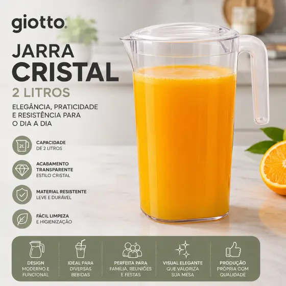 Jarra Cristal 2L Transparente Agua Suco Refrigerante Cozinha Resistente Giotto Casa Mesa Bar Giotto