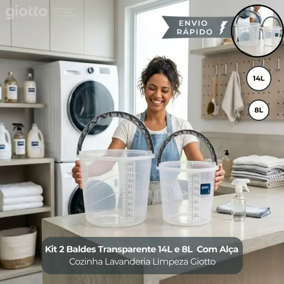 Kit 2 Baldes 14 e 8 Litros Com Alça Resistente Transparente Cozinha Lavanderia Limpeza Giotto