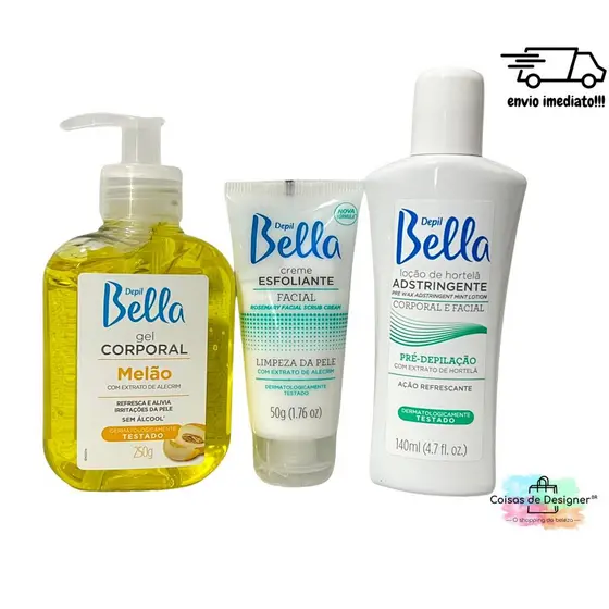 Kit Iniciante Designer Gel Melão 250g Esfoliante Alecrim 50g Adstringente Hortelã 140ml Depil Bella