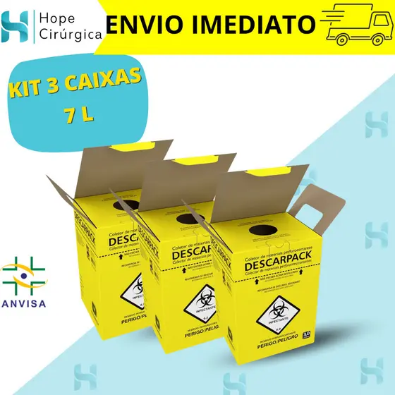 KIT 3 CAIXAS Descarpack - Caixa Perfuro Cortante Coletor (07-Litros)