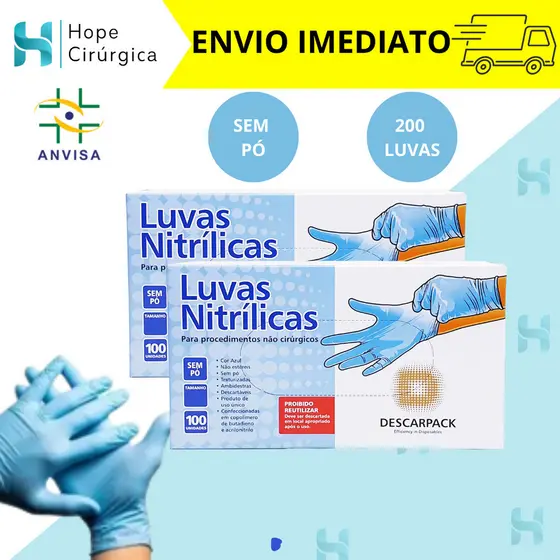 Kit 2 Caixas Luva Nitrílica Azul Descarpack Sem Pó Resistente 200 unidades