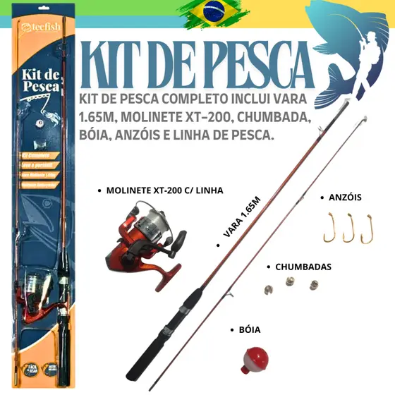 KIT PESCA 6 EM 1 INCLUI VARA DE PESCA1,65M, MOLINETE XT200, CHUMBADA, BÓIA, ANZÓIS E LINHA DE PESCA.