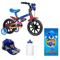 Bicicleta do Sonic Azul Aro 12 Passeio - 4 Itens