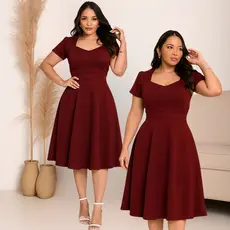 Vestido Feminino Mídi Social Rodado Manga Princesa Decote Coração Moda Evangélica Casual PluzSize